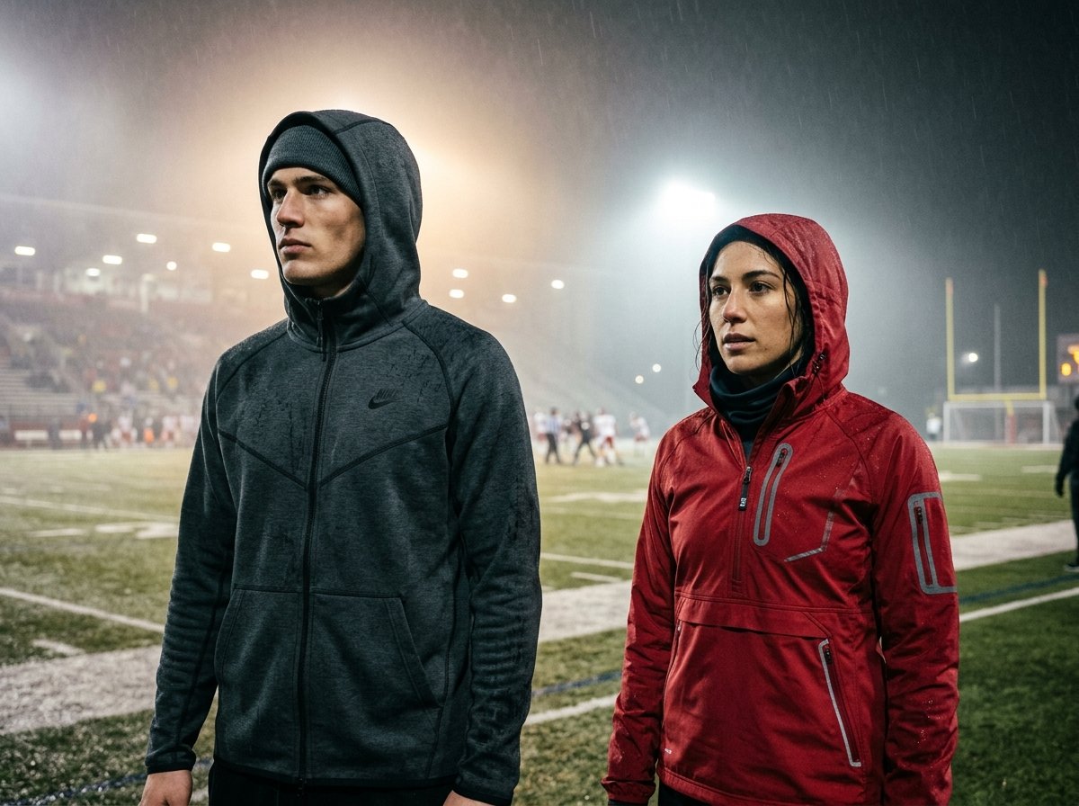 Athletes Wearing Custom Tech Fleece Hoodies and Weatherproof Sideline Jackets