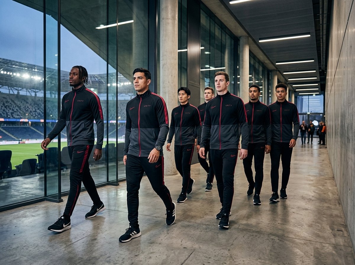 Athletes in Coordinated Presentation Tracksuits in Stadium Corridor