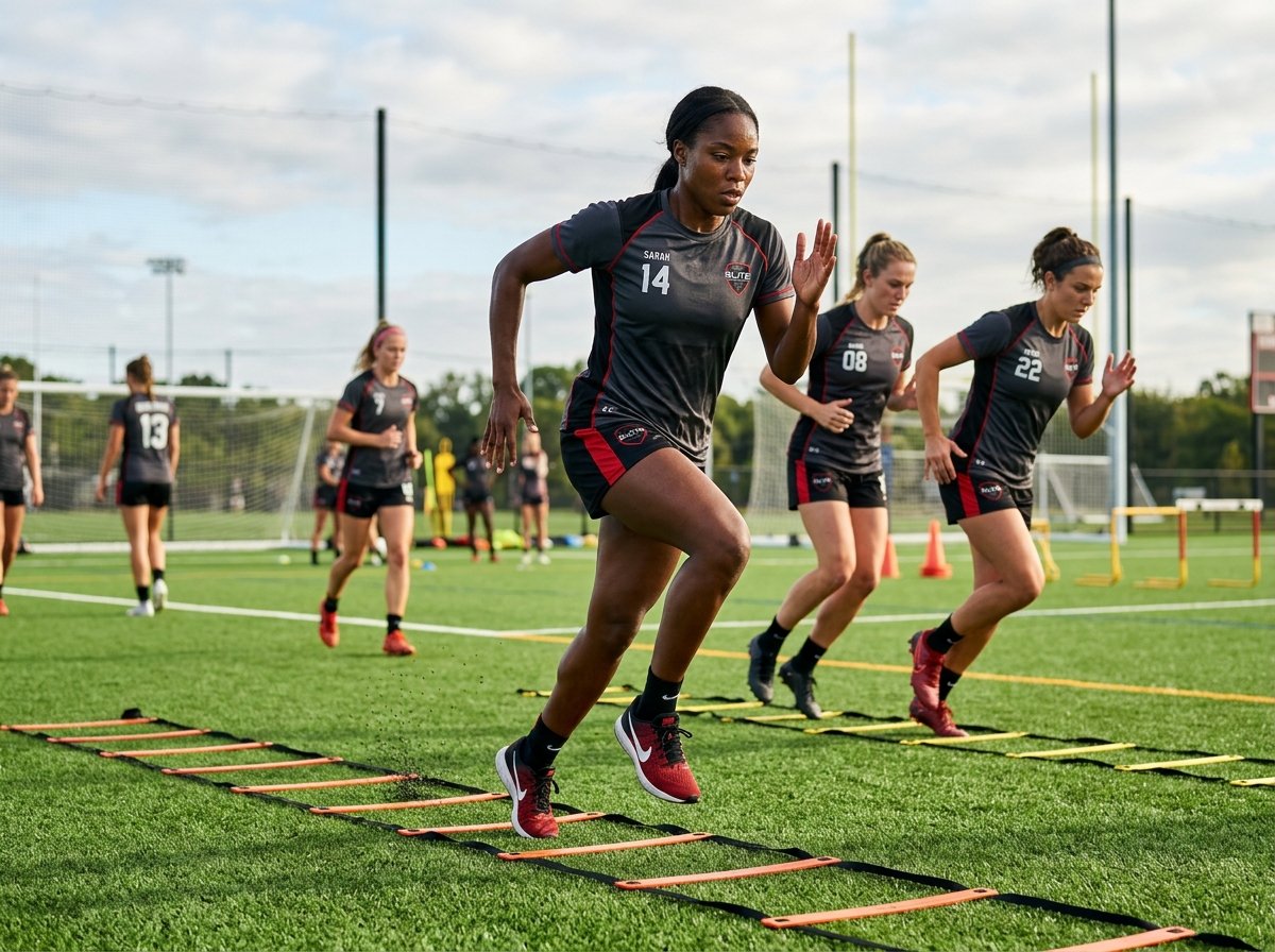 Athletes in Custom Training Kits Performing Agility Drills on Turf