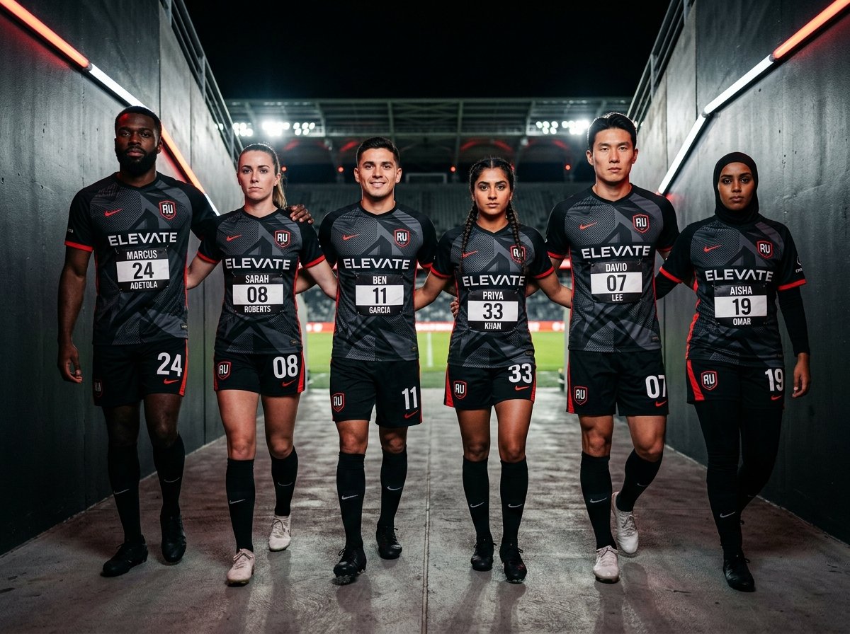 Coordinated professional sports squad wearing custom Expert Hands teamwear in stadium tunnel